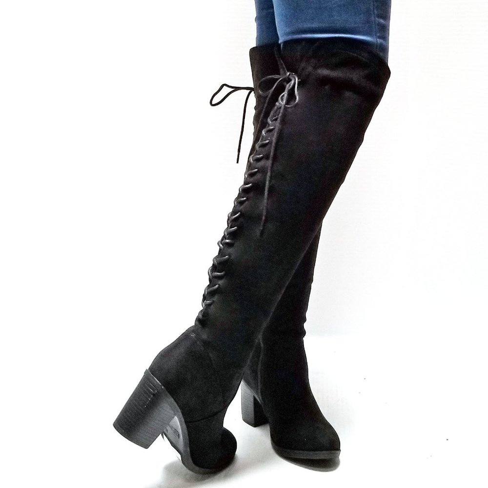 New Black Lace Up Over the Knee Chunky Heel Boots - Picture 5 of 5